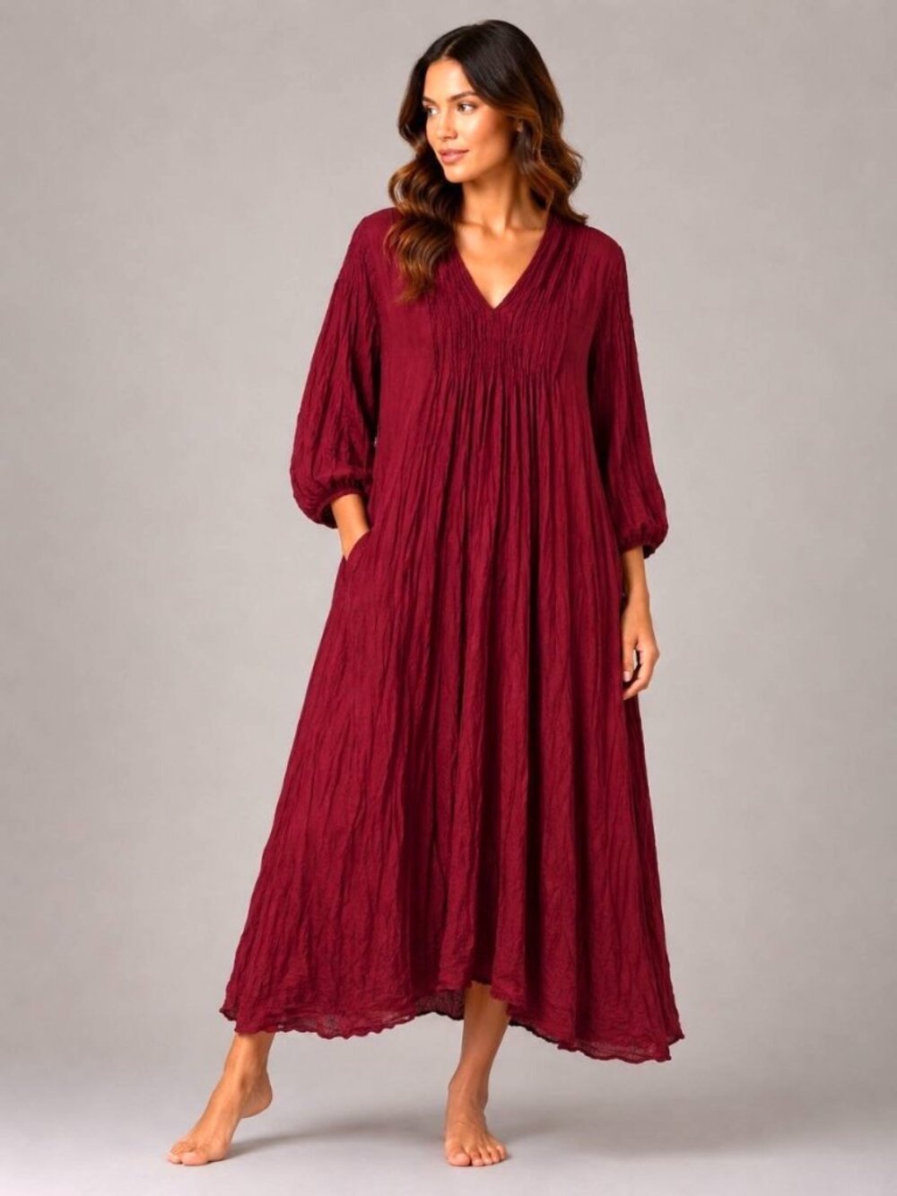 NEW Burgundy Cotton Maxi Dress One Sz Boho Crinkle Lagenlook Oversized Thailand